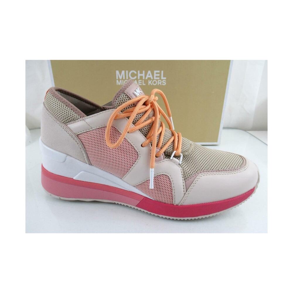 Michael Kors Liv Trainer Wedge Sneakers Lace Up Beige Light Sand / Pink